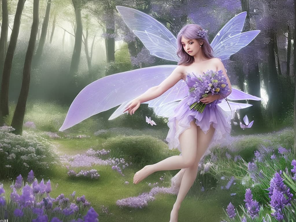  a beautiful realistic, full body, fairy, flying through a forest, holding a bouquet of lavender flowers, with a fairy forest full of lights in the background
