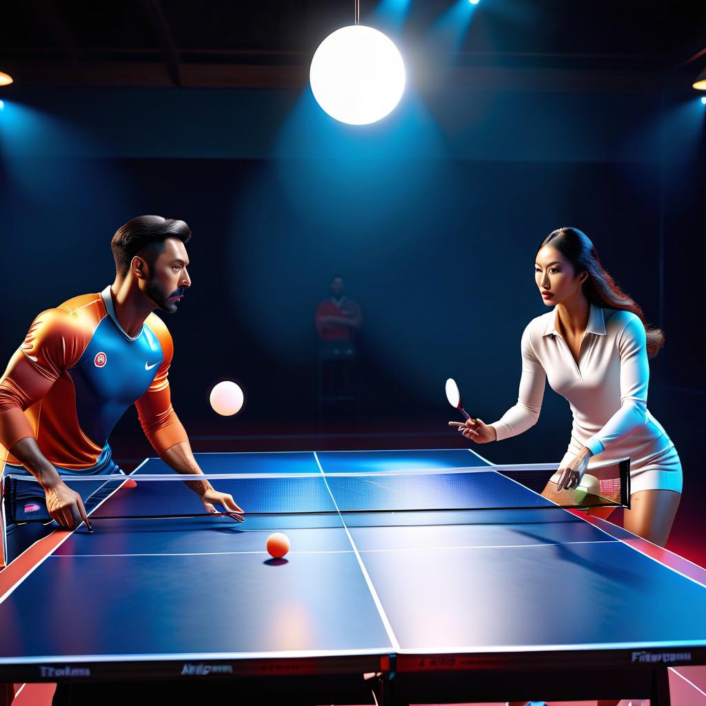  professional 3d model A man plays ping pong against a woman . octane render, highly detailed, volumetric, dramatic lighting hyperrealistic, full body, detailed clothing, highly detailed, cinematic lighting, stunningly beautiful, intricate, sharp focus, f/1. 8, 85mm, (centered image composition), (professionally color graded), ((bright soft diffused light)), volumetric fog, trending on instagram, trending on tumblr, HDR 4K, 8K