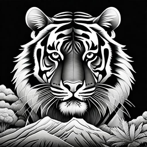  coloring book, tiger, black and white, line drawing hyperrealistic, full body, detailed clothing, highly detailed, cinematic lighting, stunningly beautiful, intricate, sharp focus, f/1. 8, 85mm, (centered image composition), (professionally color graded), ((bright soft diffused light)), volumetric fog, trending on instagram, trending on tumblr, HDR 4K, 8K