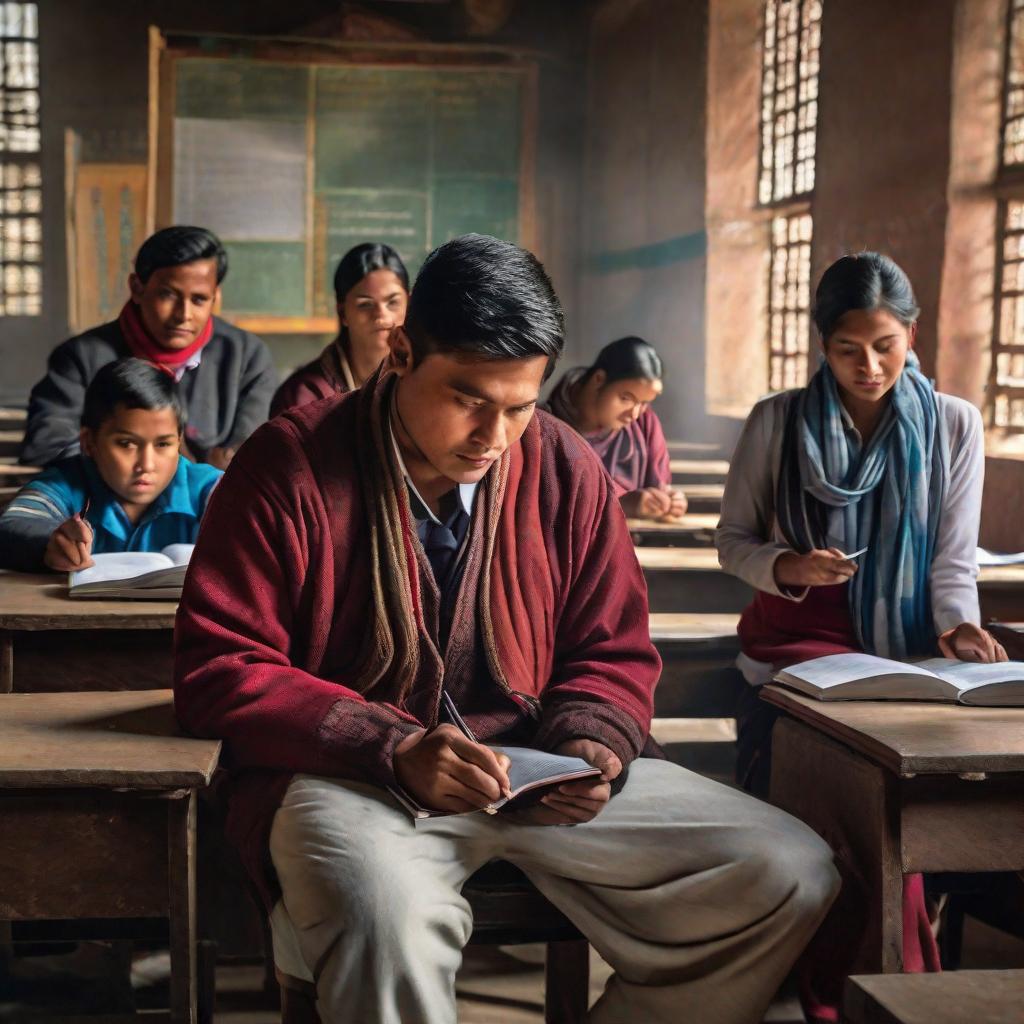  person with intellectual disabilities in a school with other students in Nepal;, artgerm, jeremy, lipkin, michael, garmash detailed digital art, radiant, light, detailed, intricate, environment hyperrealistic, full body, detailed clothing, highly detailed, cinematic lighting, stunningly beautiful, intricate, sharp focus, f/1. 8, 85mm, (centered image composition), (professionally color graded), ((bright soft diffused light)), volumetric fog, trending on instagram, trending on tumblr, HDR 4K, 8K