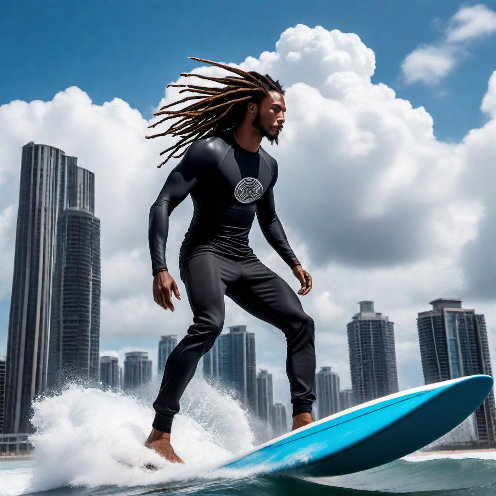  Create an image of an urban male with dreadlocks, wearing stylish, modern streetwear, surfing on a solid black surfboard in a cloud city. The city is surrounded by clouds, and the buildings are made of clouds, giving the impression of a sky-high metropolis. The male figure should be dynamically posed, showing confidence and skill as he surfs through the air, with the black surfboard contrasting against the white cloud city and blue sky. hyperrealistic, full body, detailed clothing, highly detailed, cinematic lighting, stunningly beautiful, intricate, sharp focus, f/1. 8, 85mm, (centered image composition), (professionally color graded), ((bright soft diffused light)), volumetric fog, trending on instagram, trending on tumblr, HDR 4K, 8K