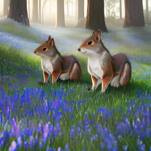  Squirrel and wolf, field, river, blue flowers hyperrealistic, full body, detailed clothing, highly detailed, cinematic lighting, stunningly beautiful, intricate, sharp focus, f/1. 8, 85mm, (centered image composition), (professionally color graded), ((bright soft diffused light)), volumetric fog, trending on instagram, trending on tumblr, HDR 4K, 8K