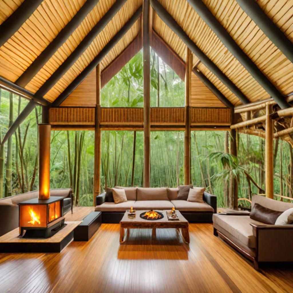  luxury cabin in the rainforest with bamboo, multiple rooms, wood texture, fireplace in the middle