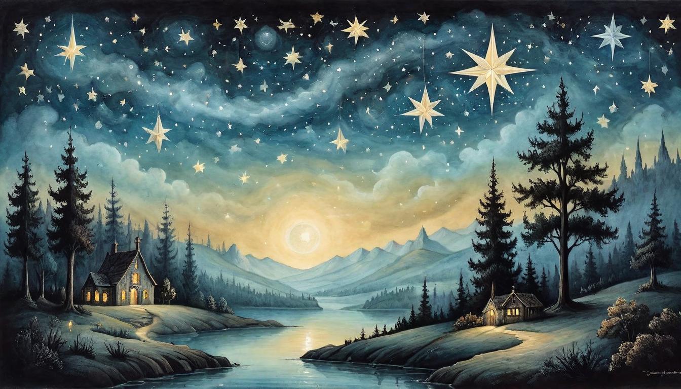  on parchment, surrealism+++, Three glimmering stars in a dark sky, each star a different hue, casting a gentle light over a serene landscape, ethereal, guiding(mysterious, provocative, symbolic,muted color)+++