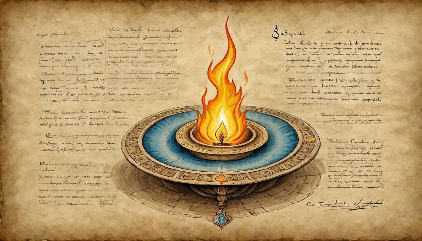  on parchment, surrealism+++, Eternal flame: belief solidified, Chosen one encased in the aura of unwavering faith, convictions illuminated, Soul's illumination, crucible endured, belief's resonance, spiritual steadfastness, unshakeable conviction(mysterious, provocative, symbolic,muted color)+++