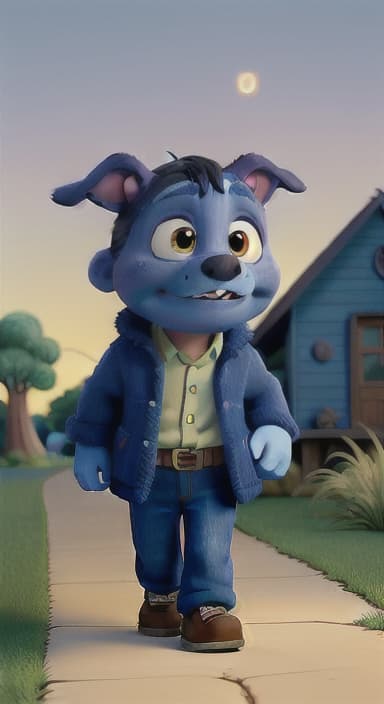  {Max walking back towards the cozy little house with droopy eyes, as twilight falls, The big blue dog is large with sky blue fur, big round eyes, a black nose, and floppy ears.