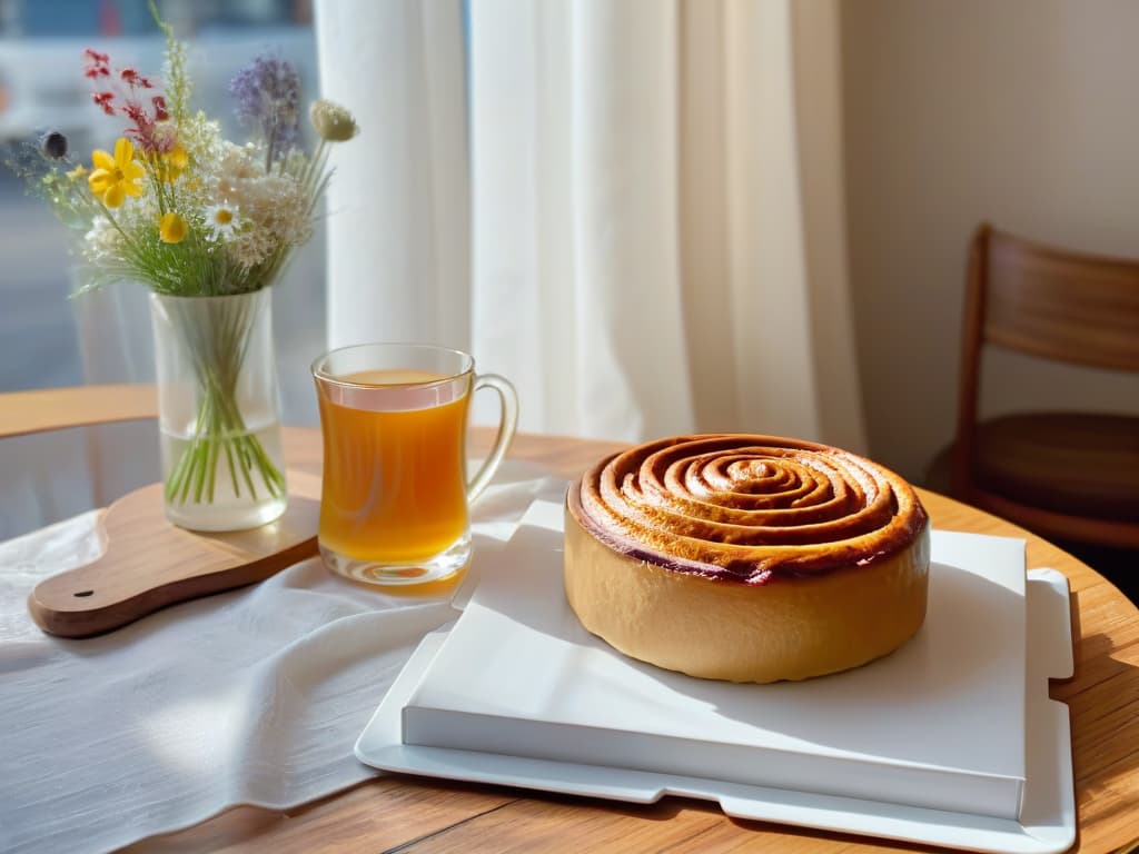  A serene and minimalistic image of a cozy Swedish cafe interior, featuring a simple wooden table adorned with a steaming cup of coffee, a freshly baked cinnamon bun on a delicate plate, and a small vase of wildflowers. Sunlight filters through sheer curtains, casting a soft glow on the scene, creating a warm and inviting atmosphere perfect for enjoying an authentic fika experience. hyperrealistic, full body, detailed clothing, highly detailed, cinematic lighting, stunningly beautiful, intricate, sharp focus, f/1. 8, 85mm, (centered image composition), (professionally color graded), ((bright soft diffused light)), volumetric fog, trending on instagram, trending on tumblr, HDR 4K, 8K