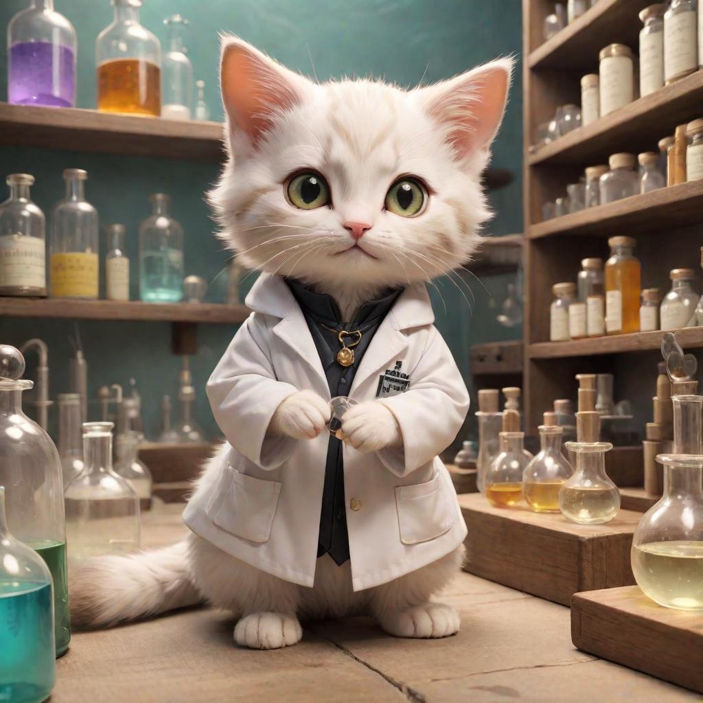  medium full shot, Kitten Cheeseville, Soft Alchemical Glow, Curious and Inquisitive, Tiny and Nimble, Whiskers and Bright Eyes, Scientific Lab Coat with a Pocket Protector, Alchemical Laboratory with Potion filled Shelves, Chemist and Alchemist in the Mouse Lab