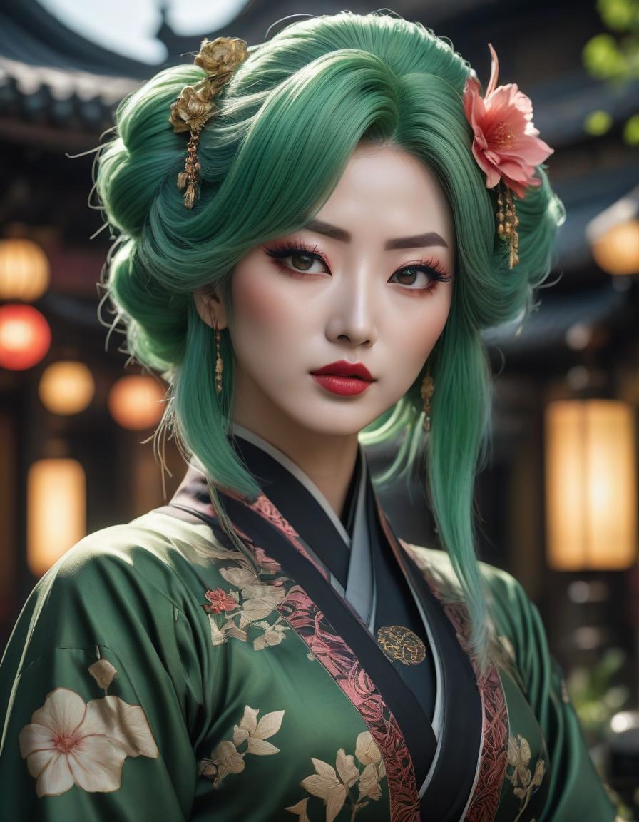  anime artwork Gorgeous fluid, realistic and intricate, high definition portrait of a Gothic Geisha with realistic, clear eyes and detailed green hair, high resolution, photorealistic, Nikon Z9, 85mm F1.2, DOF, sharp focus very detailed and extremely beautiful. Intricate photorealistic 8k winning photography masterpiece, ultra detailed high definition sharp quality focused in hdr Ultra realistic, HR Ginger . anime style, key visual, vibrant, studio anime, highly detailed hyperrealistic, full body, detailed clothing, highly detailed, cinematic lighting, stunningly beautiful, intricate, sharp focus, f/1. 8, 85mm, (centered image composition), (professionally color graded), ((bright soft diffused light)), volumetric fog, trending on instagram, trending on tumblr, HDR 4K, 8K