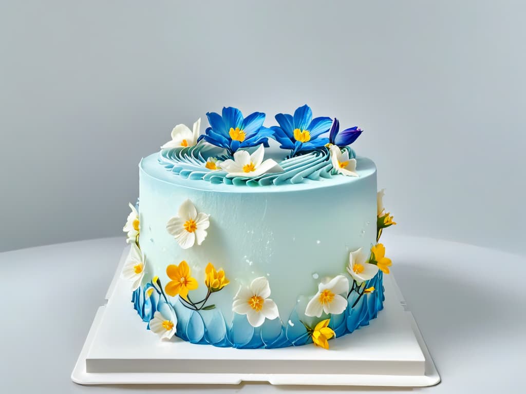  A closeup, ultradetailed image of a perfectly frosted threetiered cake, adorned with delicate edible flowers in soft pastel shades, set against a clean, white background. The frosting is smooth as silk, and the flowers are intricately placed, showcasing the artistry and precision of a master baker. hyperrealistic, full body, detailed clothing, highly detailed, cinematic lighting, stunningly beautiful, intricate, sharp focus, f/1. 8, 85mm, (centered image composition), (professionally color graded), ((bright soft diffused light)), volumetric fog, trending on instagram, trending on tumblr, HDR 4K, 8K