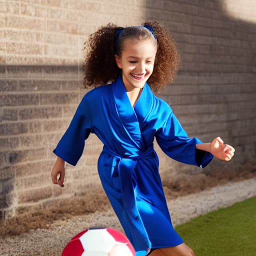  girl playing football with wiring a robe without anything else