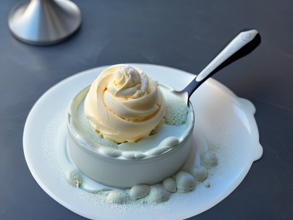  A closeup, ultradetailed image of a sleek silver ice cream scoop delicately balancing a perfectly round scoop of creamy turrónflavored ice cream, glistening under soft, natural lighting. The scoop sits on a matte black granite countertop, with tiny droplets of condensation forming a subtle halo around the scoop, emphasizing the frosty freshness of the dessert. The texture of the ice cream appears velvety smooth, with visible specks of golden turrón bits adding a touch of elegance to the minimalist composition. hyperrealistic, full body, detailed clothing, highly detailed, cinematic lighting, stunningly beautiful, intricate, sharp focus, f/1. 8, 85mm, (centered image composition), (professionally color graded), ((bright soft diffused light)), volumetric fog, trending on instagram, trending on tumblr, HDR 4K, 8K