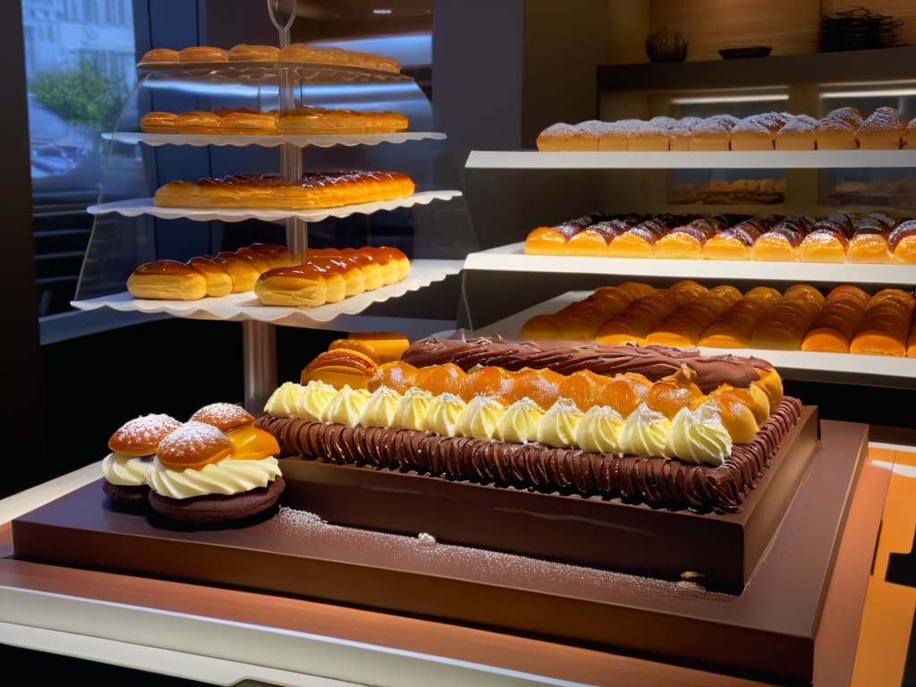  An ultradetailed image of a traditional French patisserie display, showcasing an assortment of freshly baked eclairs and profiteroles. The pastries are elegantly arranged on delicate trays, with a variety of flavors and toppings, such as chocolate ganache, vanilla cream, and caramel drizzle. The lighting is soft yet highlighting the textures and colors of the pastries, emphasizing their decadent and mouthwatering appeal. Patrons in the background are admiring the pastries, adding a touch of bustling ambiance to the scene. hyperrealistic, full body, detailed clothing, highly detailed, cinematic lighting, stunningly beautiful, intricate, sharp focus, f/1. 8, 85mm, (centered image composition), (professionally color graded), ((bright soft diffused light)), volumetric fog, trending on instagram, trending on tumblr, HDR 4K, 8K