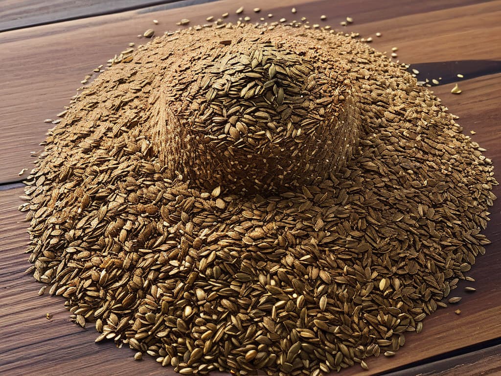  A closeup, ultradetailed image of a handful of chia and flax seeds arranged in a visually striking pattern on a sleek, modern surface. The seeds are rich in texture and color variations, showcasing their natural beauty and nutritional value. The image is captured with impeccable clarity and precision, highlighting the intricate details of each seed for a visually captivating and minimalist aesthetic that perfectly complements the informative tone of the article on healthy baking recipes with chia and flax seeds. hyperrealistic, full body, detailed clothing, highly detailed, cinematic lighting, stunningly beautiful, intricate, sharp focus, f/1. 8, 85mm, (centered image composition), (professionally color graded), ((bright soft diffused light)), volumetric fog, trending on instagram, trending on tumblr, HDR 4K, 8K