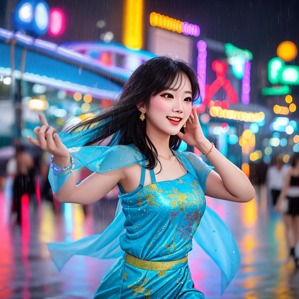  masterpiece, best quality, pretty asian woman dancing in the rain at outdoor nightclub laughing joyfully. open air club here is full of people dancing around her, amid colorful lights and bokeh effects, photo realistic, cinematic, movie still, summer vibes, captured in the style of Sony Alpha A7 III camera --ar 2:3 --s 500 --v 6.0