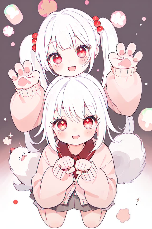  looking up,light smile,red cheek,twinkle(in the eyes),cute eyes,false eyelashes,twintails,white hair, uniform,cardigan,paw pose,cr loom,age, of ,