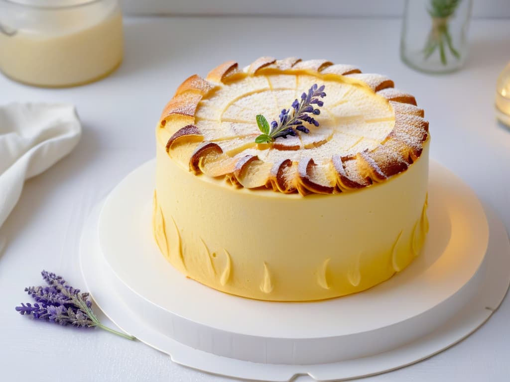  An intricately designed closeup image of a glutenfree airy sponge cake, perfectly goldenbrown on the outside with a delicate crumb structure visible, placed on a minimalist white plate with a sprig of fresh lavender on the side. The lighting captures the texture and lightness of the cake, showcasing its glutenfree perfection in a simple yet elegant composition. hyperrealistic, full body, detailed clothing, highly detailed, cinematic lighting, stunningly beautiful, intricate, sharp focus, f/1. 8, 85mm, (centered image composition), (professionally color graded), ((bright soft diffused light)), volumetric fog, trending on instagram, trending on tumblr, HDR 4K, 8K