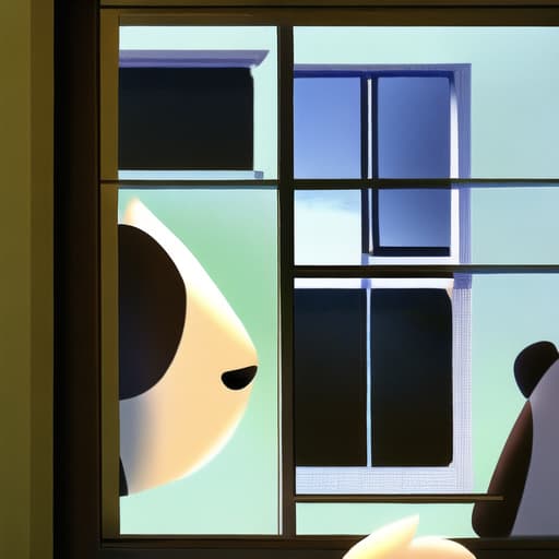  panda looking into a house window, group of kids playing in the window, focus cow looking into window at kids