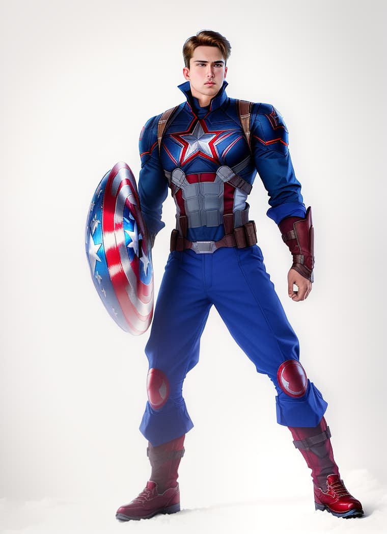  the son of Captain America , hyperrealistic, high quality, highly detailed, perfect lighting, intricate, sharp focus, f/1. 8, 85mm, (centered image composition), (professionally color graded), ((bright soft diffused light)), trending on instagram, HDR 4K, 8K