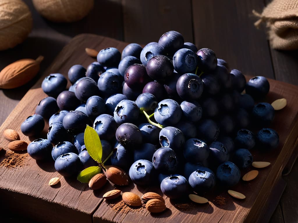  An ultradetailed 8K image of a vibrant purple maqui berry placed delicately on a rustic wooden surface, surrounded by scattered antioxidantrich ingredients like dark chocolate, blueberries, and almonds. The lighting is soft, casting a gentle shadow of the berry, emphasizing its plump texture and deep color. The simplicity of the composition highlights the natural beauty and health benefits of the maqui berry, perfect for a minimalistic and informative article on elevating antioxidant levels in desserts. hyperrealistic, full body, detailed clothing, highly detailed, cinematic lighting, stunningly beautiful, intricate, sharp focus, f/1. 8, 85mm, (centered image composition), (professionally color graded), ((bright soft diffused light)), volumetric fog, trending on instagram, trending on tumblr, HDR 4K, 8K