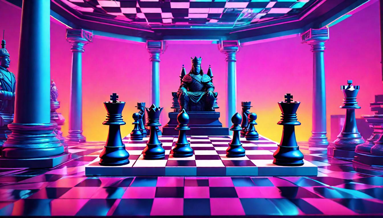  vaporwave,cyberpunk game style A chessboard with a king piece surrounded, imminent checkmate, Strategic confrontation, the precariousness of power, Tense and calculated, a cerebral challenge, An air of inevitable downfall, suspense in stillnesseon, dystopian, futuristic, digital, vibrant, detailed, high contrast, reminiscent of cyberpunk genre video games,retro aesthetic, cyberpunk, vibrant, neon colors, vintage 80s and 90s style, highly detailed