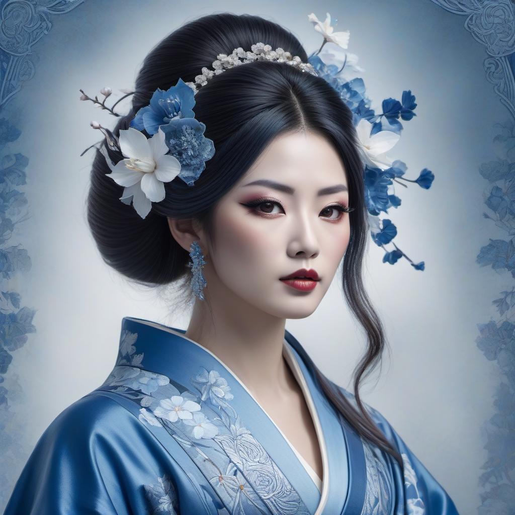  HDR photo of Envision a portrait of a Japanese geisha, her countenance tinged with sorrow as a single tear trails from her eye. Her abundant hair frames a face with lips painted a soft blue, while her attire is a complex array of traditional garments. The portrait, reminiscent of Anne Stokes' work, is rendered in a whimsical Zentangle style, boasting an intricate cyanotype design that seems to lift from the canvas in a 3D embossed effect. The color palette is a harmonious blend of delft blue and white, enriched with subtle touches of ginger brown and light pink. This piece is a fantasy encapsulated in an 8k resolution masterpiece, a high definition pencil sketch that transitions into line art with pen and ink filigree. The backdrop is a nig hyperrealistic, full body, detailed clothing, highly detailed, cinematic lighting, stunningly beautiful, intricate, sharp focus, f/1. 8, 85mm, (centered image composition), (professionally color graded), ((bright soft diffused light)), volumetric fog, trending on instagram, trending on tumblr, HDR 4K, 8K