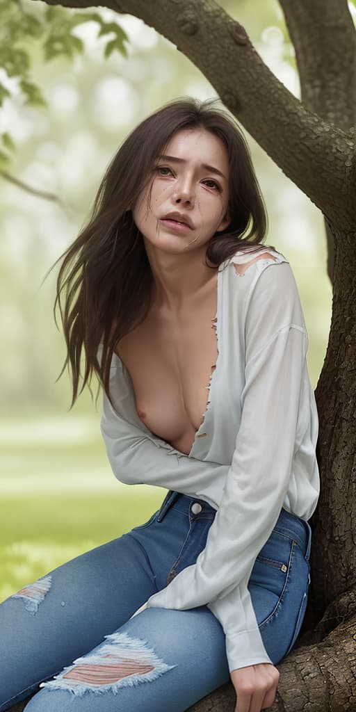  woman-in torn jeans, shirt, bare chest, sitting by a tree, crying