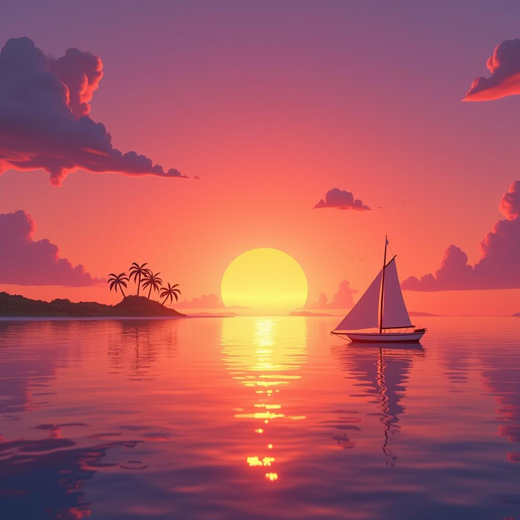  masterpiece pixar nickelodeon cartoon of a "picture a fantastic sunset over the ocean, where the sky is painted in bright shades of orange, pink and purple. on the horizon, a sailboat is seen, slowly sailing on calm water, which reflects all the colors of the sunset. in the distance, against the sky, you can discern the silhouette of a small island with palm trees., highly detailed, by pixar, ultra detailed, gorgeous, 3d zbrush, trending on dribbble, 8k render