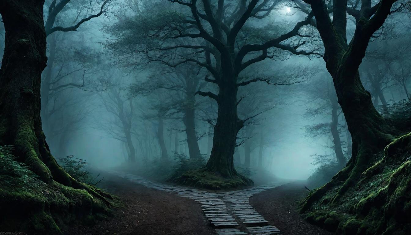  （surrealism)A winding path through dark, dense forest, forest thick with gnarled, ancient trees, lanterns sporadically placed along the path, dim light casting eerie shadows, fog rolling over the ground, mysterious, foreboding mystic, intricate details, best quality)