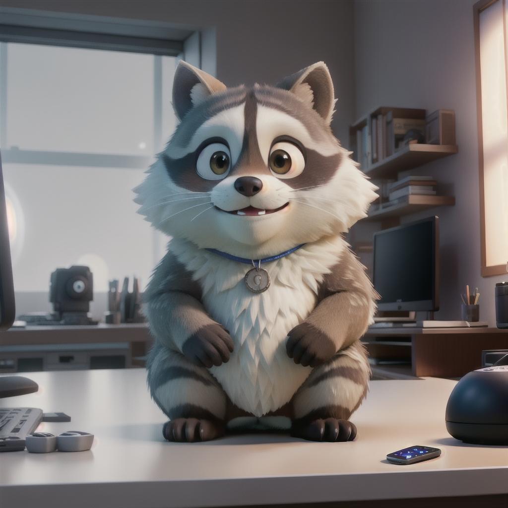  raccoon sitting in gaming chair front a computer on desktop, ((semi anthropomorphic)),(full body), tail, belly, sitting, fat, (chubby), (((white background))), solo, desktop, gaming chair, side view,  [[[clothes]]] hyperrealistic, full body, detailed clothing, highly detailed, cinematic lighting, stunningly beautiful, intricate, sharp focus, f/1. 8, 85mm, (centered image composition), (professionally color graded), ((bright soft diffused light)), volumetric fog, trending on instagram, trending on tumblr, HDR 4K, 8K