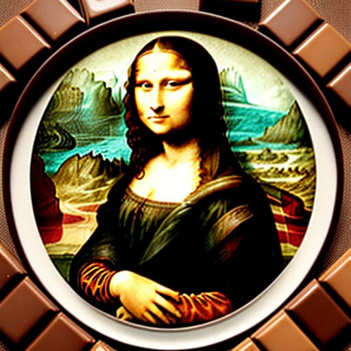  The Mona Lisa holding a white plate of fine dark chocolate candy pieces. background expanded. Painted in the style of Leonardo Da Vinci.