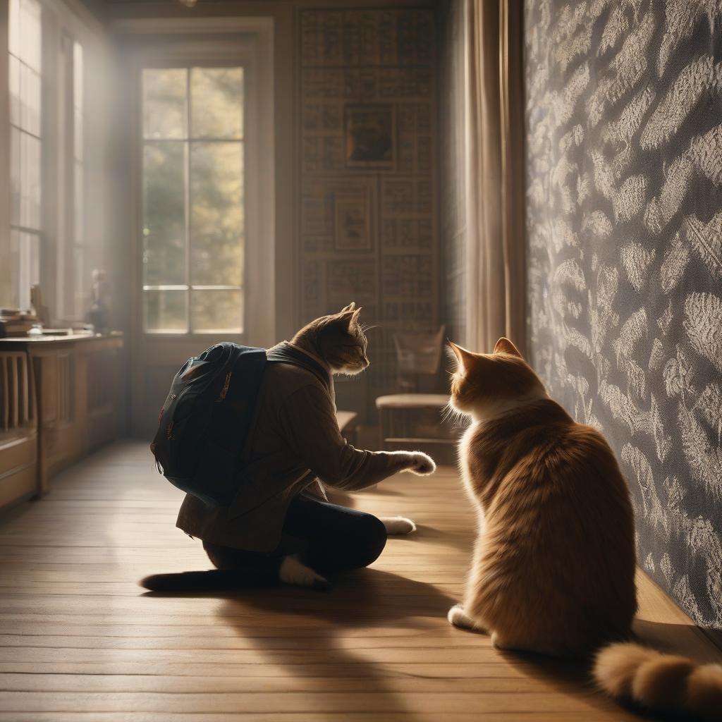  cinematic film still A photo of a cat on the left drawing a pattern on the wall with its paw, a person in the center wearing a cloak up to their knees and a backpack on their shoulder, and a cat on the right placing its paw against its ear while listening closely, with a focus on details and realism. . shallow depth of field, vignette, highly detailed, high budget, bokeh, cinemascope, moody, epic, gorgeous, film grain, grainy hyperrealistic, full body, detailed clothing, highly detailed, cinematic lighting, stunningly beautiful, intricate, sharp focus, f/1. 8, 85mm, (centered image composition), (professionally color graded), ((bright soft diffused light)), volumetric fog, trending on instagram, trending on tumblr, HDR 4K, 8K