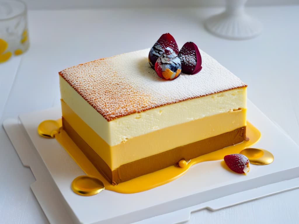  A closeup, ultradetailed image of a modern interpretation of a classic dessert, showcasing intricate layers of delicate sponge cake, smooth layers of flavoured cream, and a glossy mirror glaze on top. The dessert is elegantly presented on a minimalist white plate, with a dusting of edible gold flakes adding a touch of luxury. The lighting is soft, highlighting the textures and colors of the dessert, creating a visually stunning and appetizing image. hyperrealistic, full body, detailed clothing, highly detailed, cinematic lighting, stunningly beautiful, intricate, sharp focus, f/1. 8, 85mm, (centered image composition), (professionally color graded), ((bright soft diffused light)), volumetric fog, trending on instagram, trending on tumblr, HDR 4K, 8K