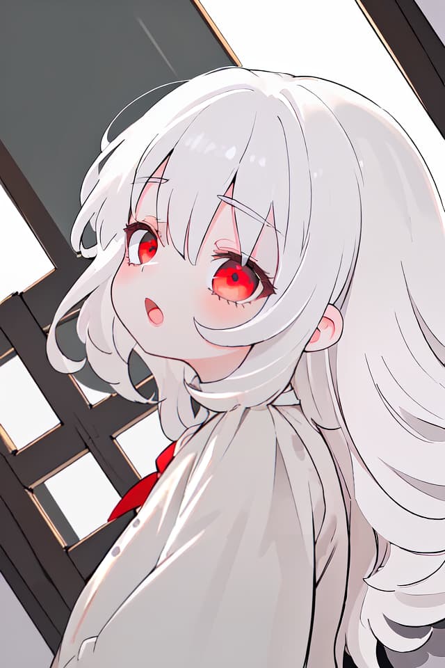  ultra detailed:1.2masterpiece:1.2,best quality,masterpiece,bestquality,hdr:1.1,8k:1.1,very cute girl:1.3,white hair:1.3,long hair,volume hair:0.5,curly hair:1.4,red eyes,bad mood:1.1,sleepy eyes:1.1,dot open mouth:1.3,upper body:1.3,dutch angle,half closed eyes:1.6,upper body:1.1,from side