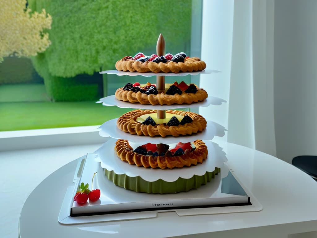  An ultradetailed image of a sleek, modern kitchen with a pristine white marble countertop. On the countertop, there are three highquality baking trays displayed in a perfectly organized manner, each showcasing a different delectable dessert a batch of goldenbrown chocolate chip cookies, a fluffy sponge cake adorned with fresh berries, and a perfectly baked apple pie with a lattice crust. The trays are gleaming under the soft, natural light pouring in from a large window, creating a serene and inviting atmosphere that embodies the essence of professional and inspiring baking. hyperrealistic, full body, detailed clothing, highly detailed, cinematic lighting, stunningly beautiful, intricate, sharp focus, f/1. 8, 85mm, (centered image composition), (professionally color graded), ((bright soft diffused light)), volumetric fog, trending on instagram, trending on tumblr, HDR 4K, 8K