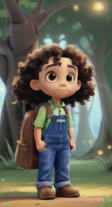  {The tree shining brightly and releasing a gentle, magical light., Riley, a curious with big brown eyes and curly hair, wearing overalls and carrying a small backpack. Their friend, Skye, a bluebird with shiny feathers.