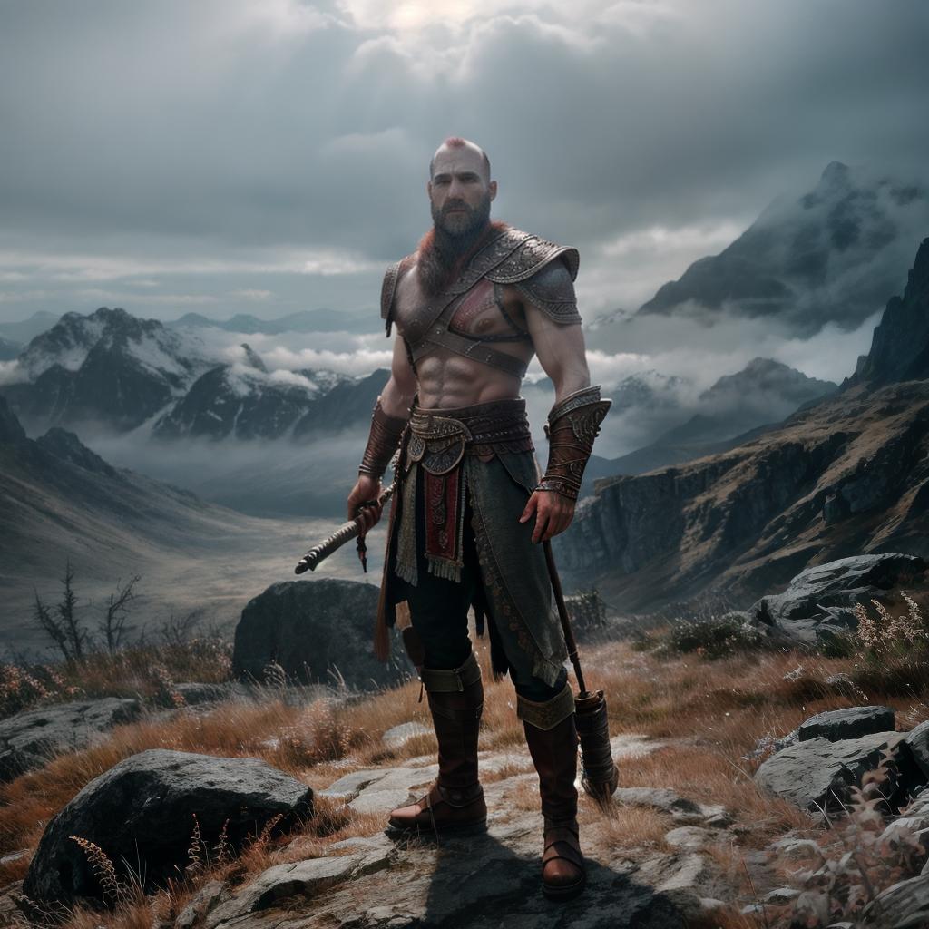  God of war hyperrealistic, full body, detailed clothing, highly detailed, cinematic lighting, stunningly beautiful, intricate, sharp focus, f/1. 8, 85mm, (centered image composition), (professionally color graded), ((bright soft diffused light)), volumetric fog, trending on instagram, trending on tumblr, HDR 4K, 8K