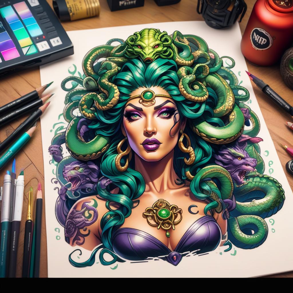  retro game art Medusa Gorgon tattoo sketch . 16 bit, vibrant colors, pixelated, nostalgic, charming, fun hyperrealistic, full body, detailed clothing, highly detailed, cinematic lighting, stunningly beautiful, intricate, sharp focus, f/1. 8, 85mm, (centered image composition), (professionally color graded), ((bright soft diffused light)), volumetric fog, trending on instagram, trending on tumblr, HDR 4K, 8K