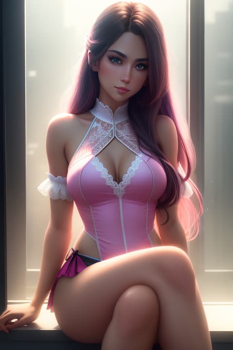   sitting on a window,  hair, long hair, green eyes, bare shoulders, lycra , pointed s, pink lace , thin waist, thin , 1, , detailed eyes, hyperrealistic, full body, highly detailed, cinematic lighting, intricate, sharp focus, f/1. 8, 85mm, (centered image composition), (professionally color graded), ((bright soft diffused light)), volumetric fog, trending on instagram, HDR 4K, 8K