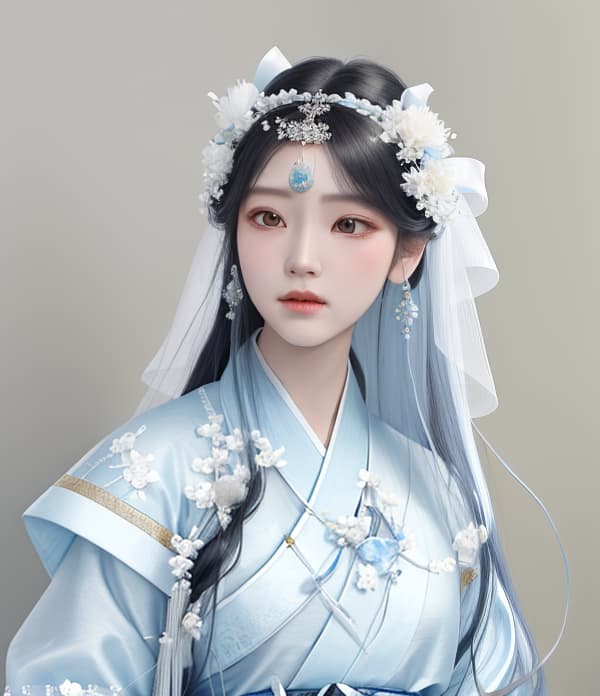  masterpiece, best quality, (Fidelity: 1.4), Best Quality, Masterpiece, Ultra High Resolution, Poster, Fantasy Art, Very Detailed Faces, 8k resolution, Chinese Style, An woman, Side Face, Quiet, Light Blue Hanfu, Tulle Coat, Long Black Hair, Light Blue Fringed Hair Ornament, Hairpin, White Ribbon, White Flower Bush, Light Blue Butterfly Flying, cinematic lighting effects, идет по рельсам вдаль