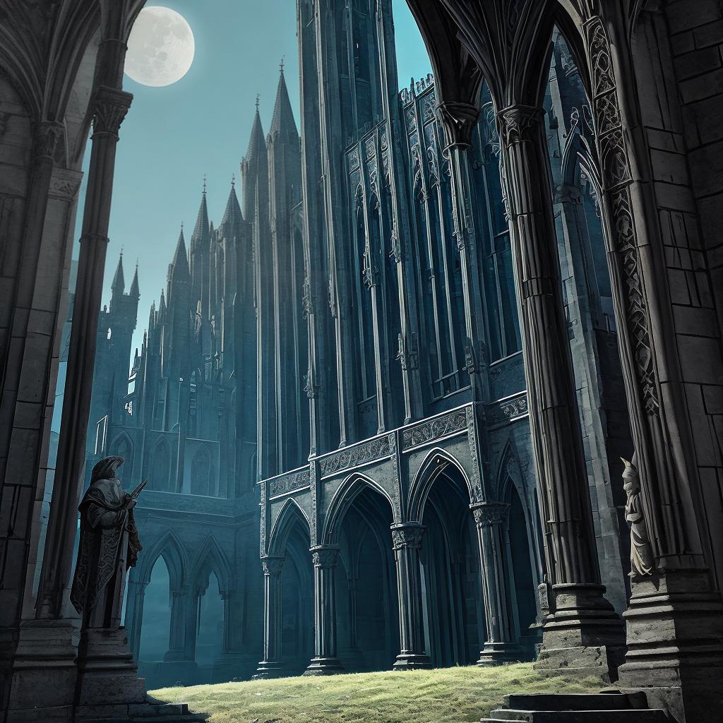  in a gothic aesthetic, Ethereal spires pierce the moonlit sky, as ancient arches weave tales of forgotten realms in a Gothic tapestry.