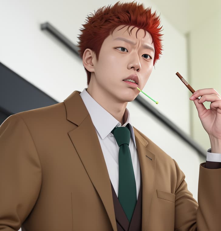  masterpiece, best quality, turn an anime character from jujutsu kaisen named Kusakabe Atsuya into a real life person, he wears a light brown color coat, dark green tie, and white shirt. he has a fiery spikey reddish brown hair, he looks very bored and tired.he is holding an already eaten lollipop stick on his left hand.