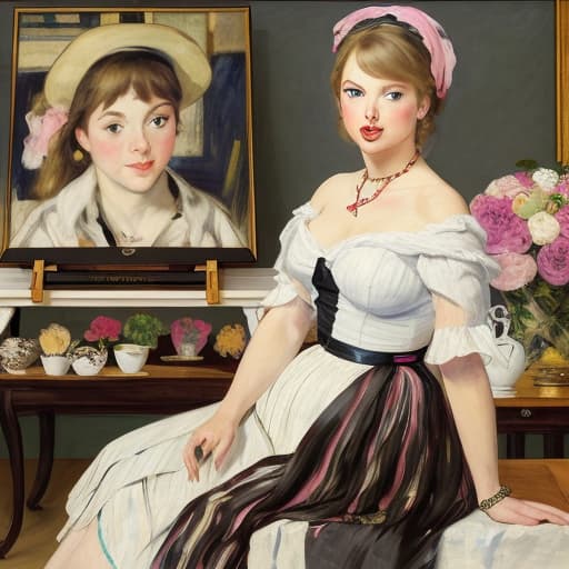  Happy beautiful Taylor Swift with pink cheeks and streaks of sunshine, gazing at a piece of fine dark chocolate, painted in the style of Édouard Manet. Foreground has a plate of fine dark chocolates on a coffee table. Background has a thoroughbred horses, white horse fences, limestone fences