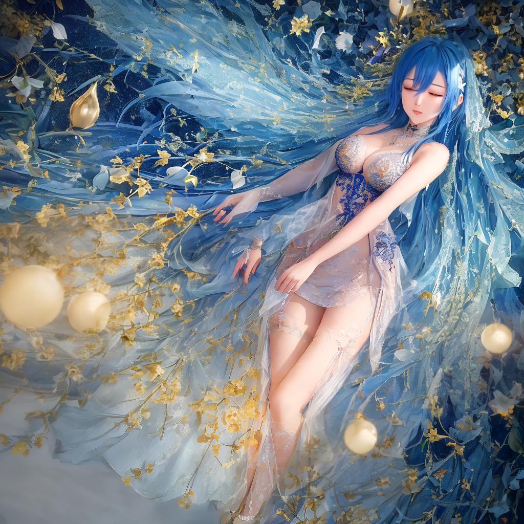  a girl with blue hair with eyes closed, in the style of the stars art group (xing xing), yellow and orange, water drops, romantic illustrations, intense lines, gongbi, loose paint application ar 71:98 stylize 750 v 6 hyperrealistic, full body, detailed clothing, highly detailed, cinematic lighting, stunningly beautiful, intricate, sharp focus, f/1. 8, 85mm, (centered image composition), (professionally color graded), ((bright soft diffused light)), volumetric fog, trending on instagram, trending on tumblr, HDR 4K, 8K