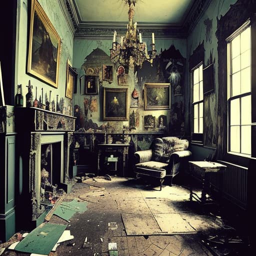  A old cluttered victorian Manor. walls are covered from to to bottom with paintings of creepy monsters. tons of art on the wall. alchohol bottles on the ground. a sitting man on the ground smoking