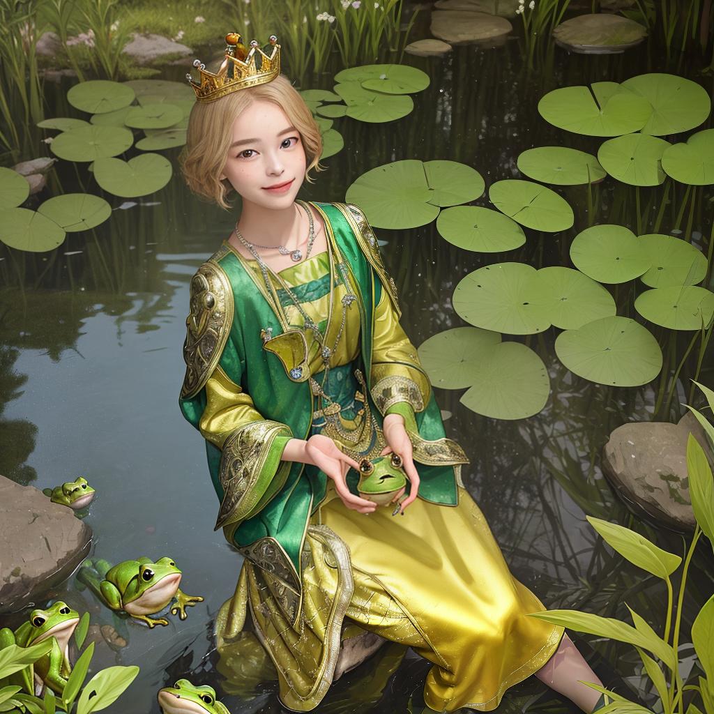  masterpiece, best quality, Create a photorealistic image of a sitting near a small pond, wearing an exaggerated expression of disgust while looking at a shiny frog which sits in her hands. The frog wears a golden crown and stares back at her with a wide grin.