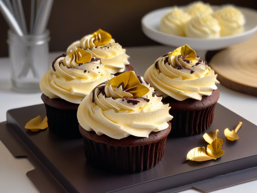  A closeup, ultradetailed image of a perfectly piped swirl of decadent European buttercream frosting on a rich, dark chocolate cupcake. The frosting is smooth, glossy, and adorned with delicate gold leaf flakes, showcasing the luxurious and indulgent nature of European pastry craftsmanship. The cupcake sits on a sleek, matte black plate, against a softfocus background of elegant silver utensils and a subtle hint of a chic pastry kitchen setting. hyperrealistic, full body, detailed clothing, highly detailed, cinematic lighting, stunningly beautiful, intricate, sharp focus, f/1. 8, 85mm, (centered image composition), (professionally color graded), ((bright soft diffused light)), volumetric fog, trending on instagram, trending on tumblr, HDR 4K, 8K