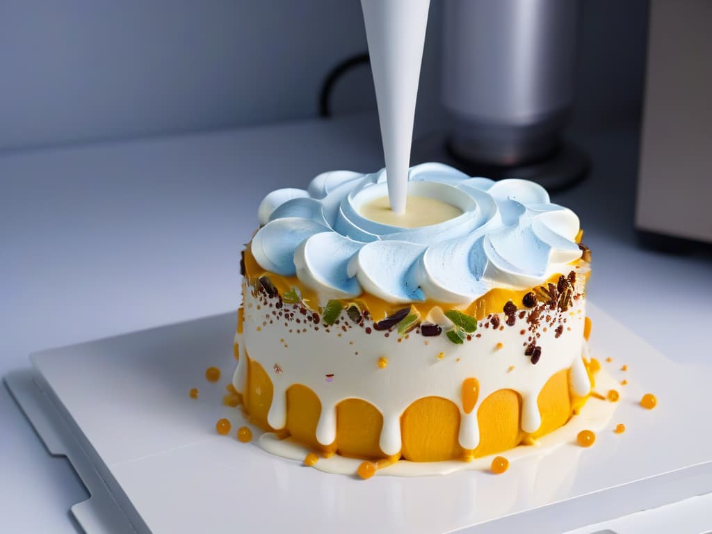  A closeup, ultradetailed image of a 3D printer in action, delicately crafting a detailed and intricate dessert topper. The printer's nozzle moves gracefully, depositing layers of edible materials to form a stunning, futuristic dessert decoration. The vibrant colors of the edible ink contrast beautifully against the sleek, white machinery of the printer, showcasing the advanced technology used in creating 3D printed desserts. hyperrealistic, full body, detailed clothing, highly detailed, cinematic lighting, stunningly beautiful, intricate, sharp focus, f/1. 8, 85mm, (centered image composition), (professionally color graded), ((bright soft diffused light)), volumetric fog, trending on instagram, trending on tumblr, HDR 4K, 8K