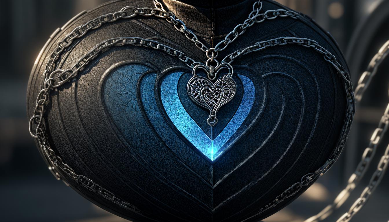  cinematic, aesthetic, a large heart weighed down by chains, anchored to the ground, with scales tipping over it, heart detailed with veins, scales with intricate, delicate design, weight of kindness, tension, bound, burdened heart, 4k, HDR, lens flare