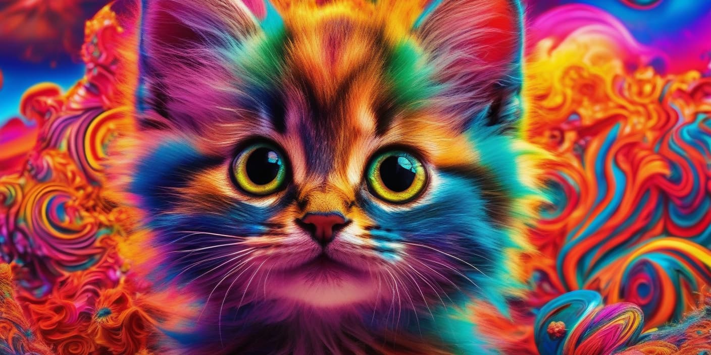  psychedelic style HDR quality, cute fluffy kitten with big eyes, small teeth, smiling, pulls a paw. . vibrant colors, swirling patterns, abstract forms, surreal, trippy hyperrealistic, full body, detailed clothing, highly detailed, cinematic lighting, stunningly beautiful, intricate, sharp focus, f/1. 8, 85mm, (centered image composition), (professionally color graded), ((bright soft diffused light)), volumetric fog, trending on instagram, trending on tumblr, HDR 4K, 8K